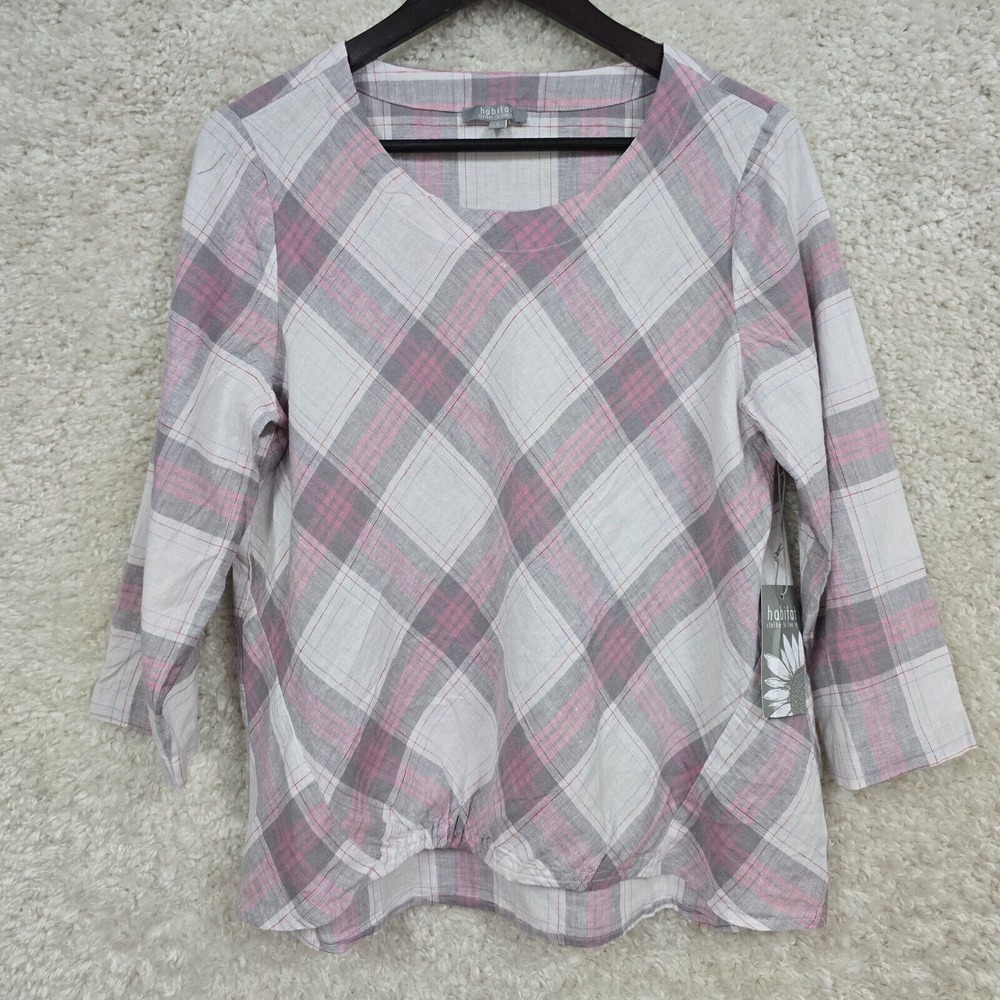 Habitat Plaid Linen Cotton Top Womens Small Pink Grey‎ V-Neck Lagenlook Boho